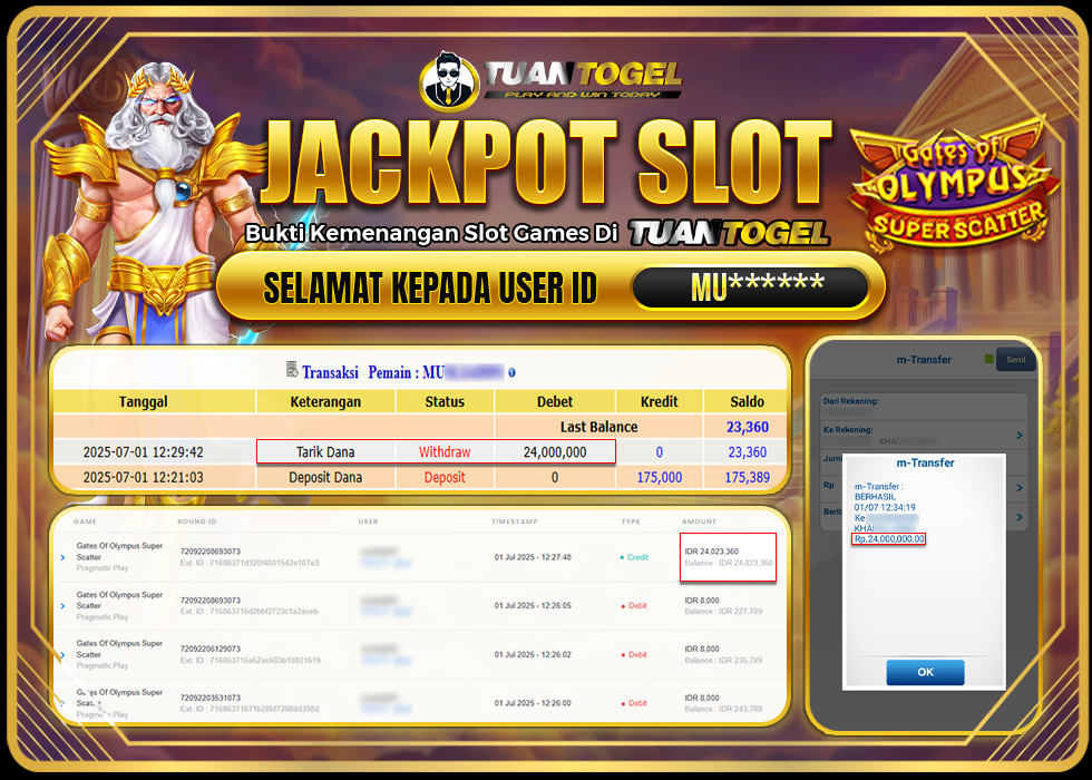 TUANTOGEL JACKPOT SLOT GATES OF OLYMPUS SUPER SCATTER Rp24.000.000, - LUNAS